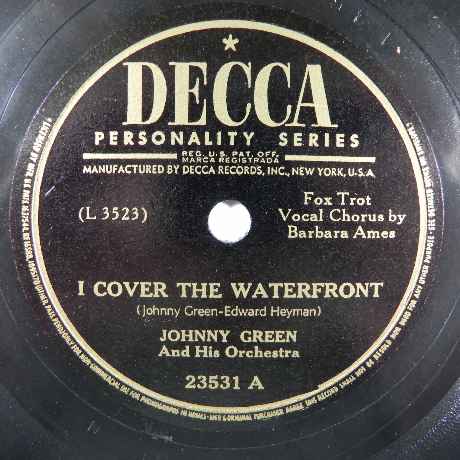 Johnny Green – I Cover The Waterfront / Coquette ~ 1946 Decca 23531 78 RPM