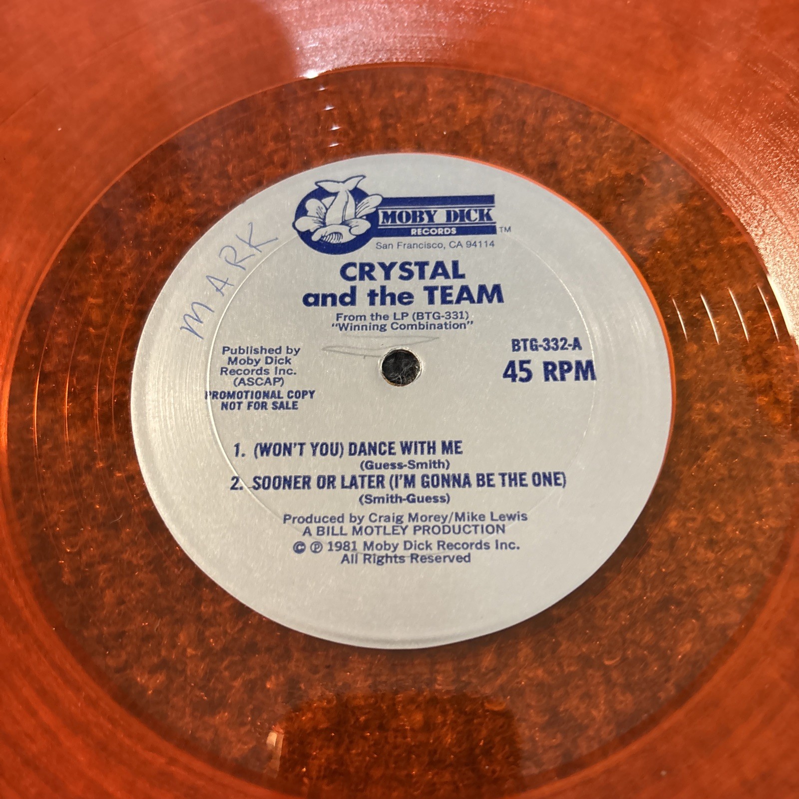 Moby Dick Records Orange Vinyl LPCrystal and the Team Winning Combination 45 RPM