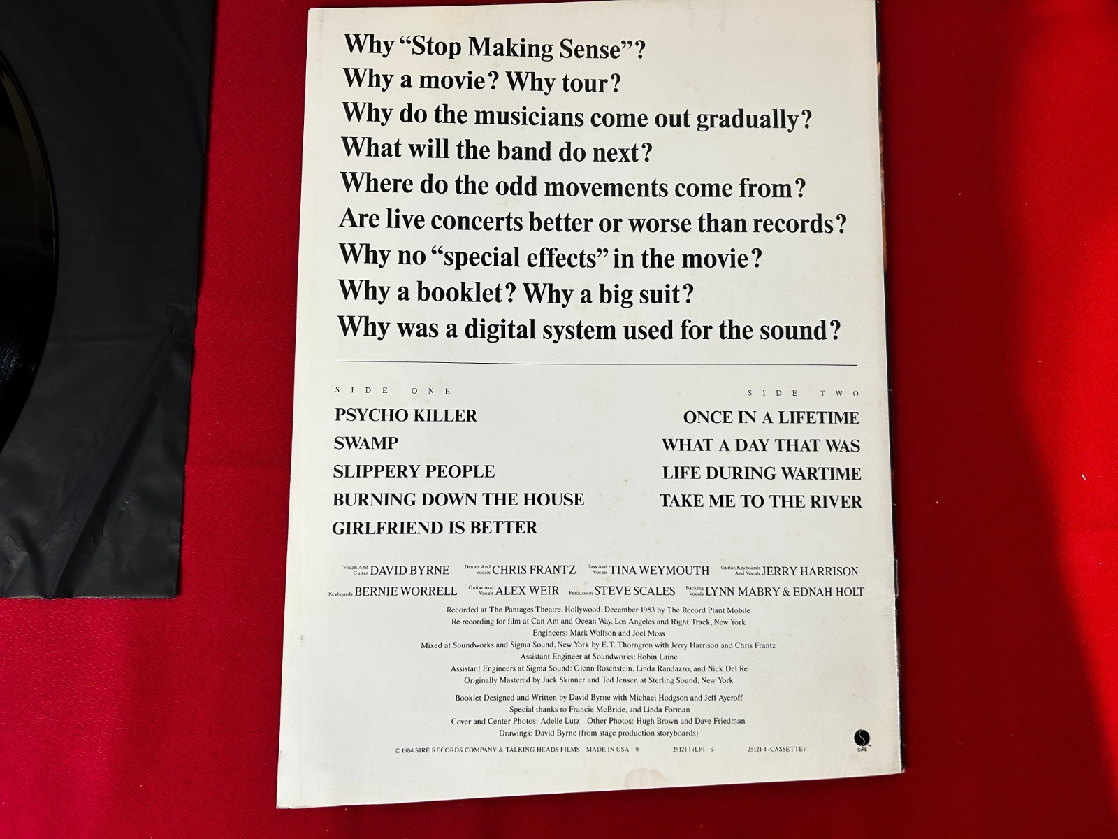 Talking Heads – Stop Making Sense – 1984 Sire – 1-25121 – Limited Edition -NM/EX