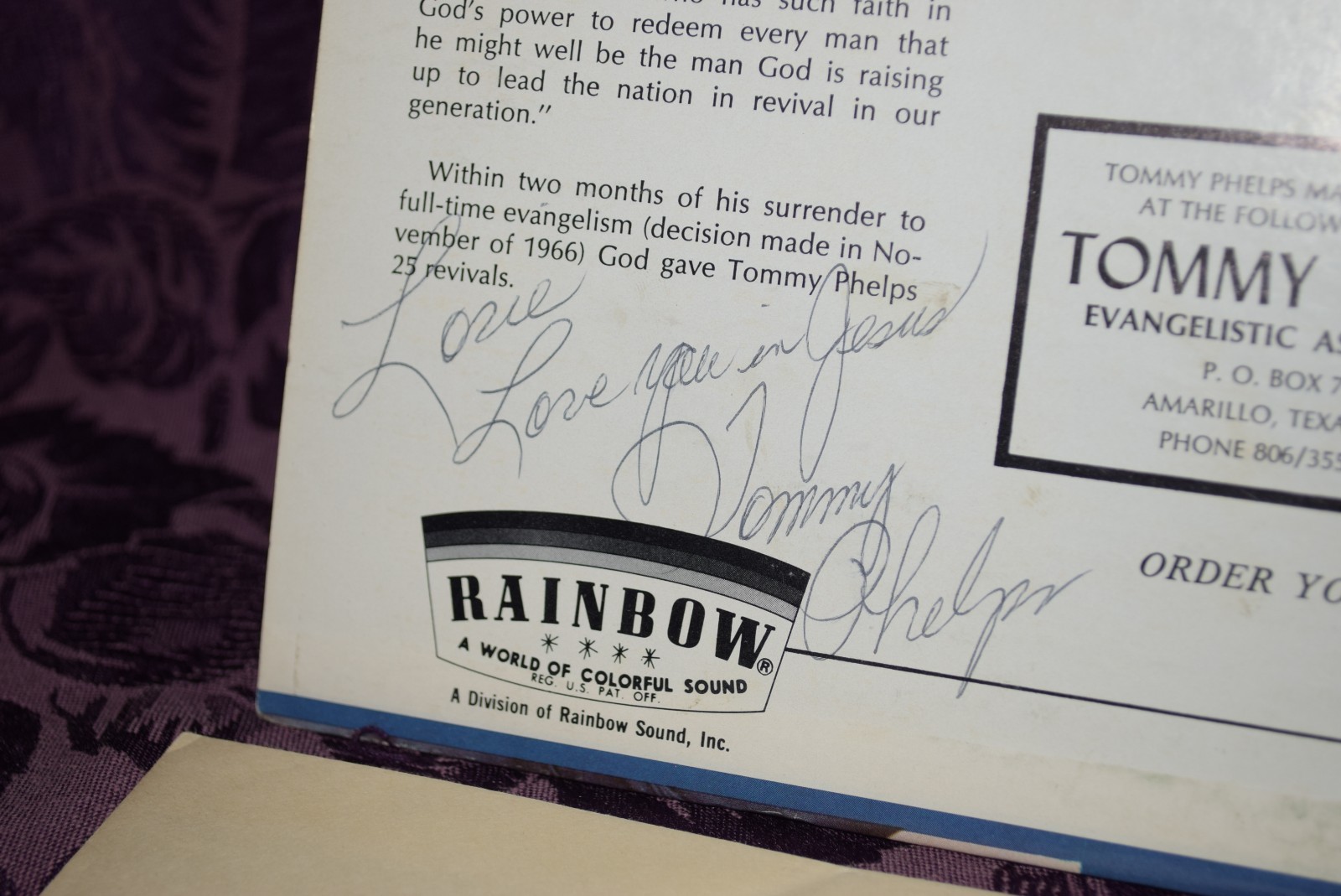 TOMMY PHELPS I Wrestled With God RAINBOW Xian Spoken Word SIGNED VG+/VG+