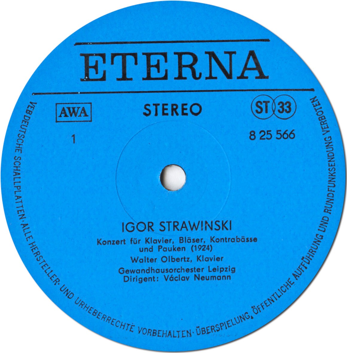 STRAVINSKY Concerto for Piano Winds Double-bass OLBERTZ NEUMANN Eterna 825566 NM