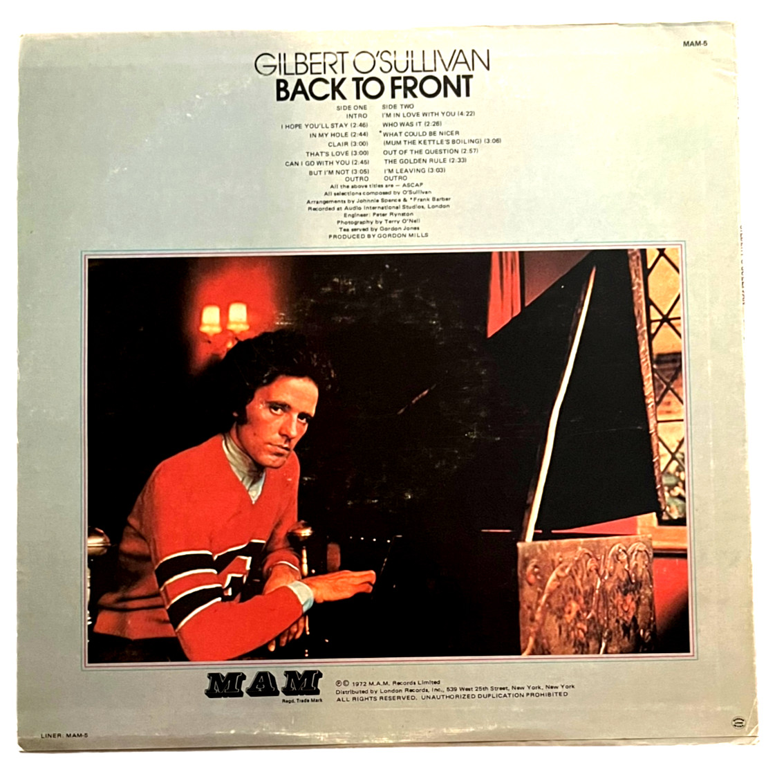 Gilbert O’Sullivan – Back to Front – MAM Record MAM-5 – 12″ 33rpm Record