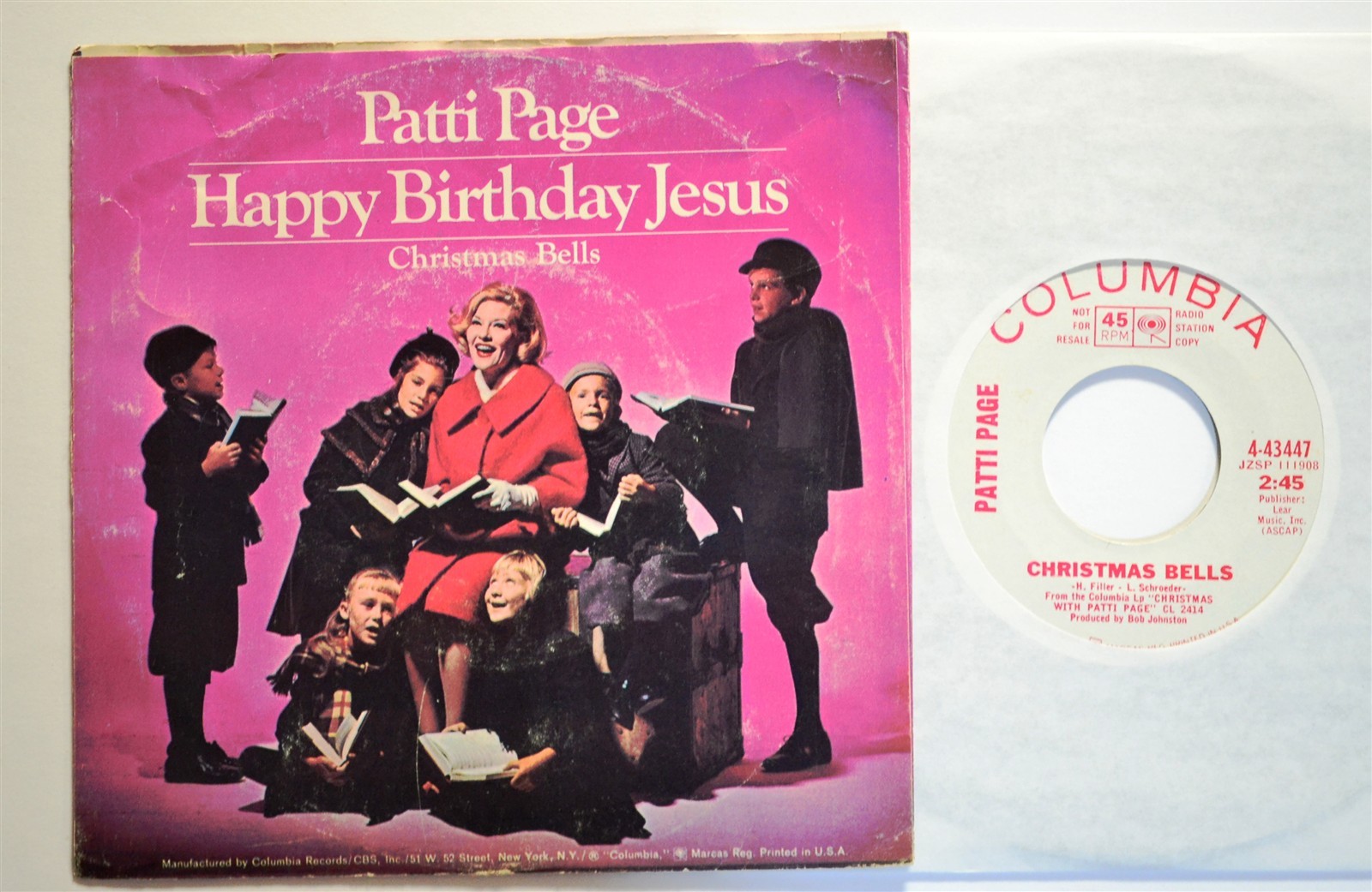 CHRISTMAS 45 Patti Page Happy Birthday Jesus and Christmas Bells Columbia PROMO