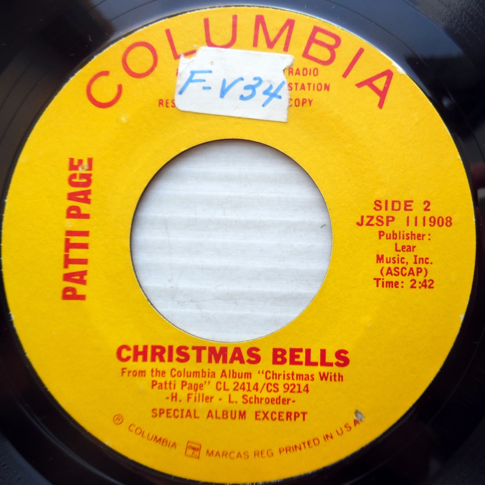 PATTI PAGE yellow label promo 45 CHRISTMAS BELLS / HAPPY BIRTHDAY JESUS F1075