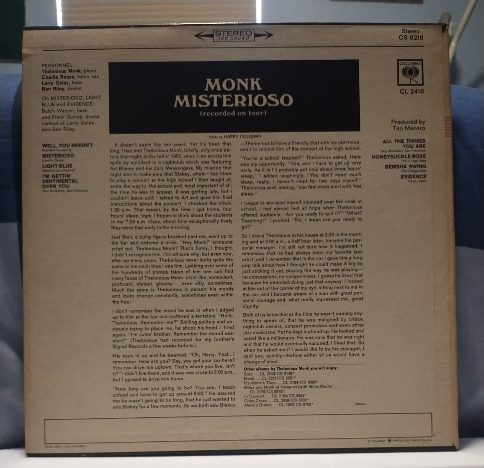 THELONIOUS MONK Misterioso-Recorded on Tour SCARCE EX 1965 2-EYE 360 COLUMBIA LP