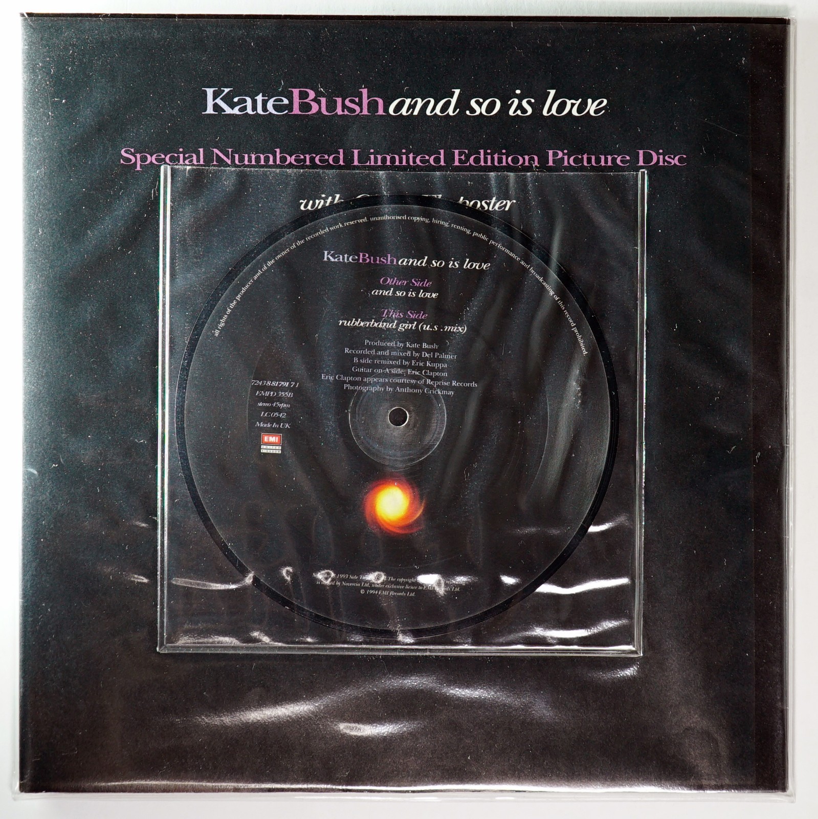 KATE BUSH – AND SO IS LOVE – NEAR MINT UK #3442 7″ PIC DISC WITH HUGE POSTER!