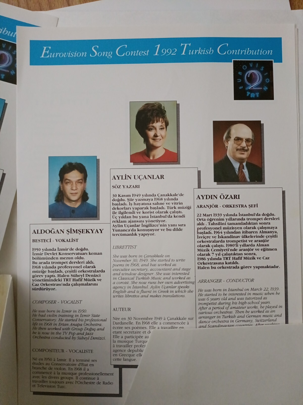 EUROVISION TUR92 AYLIN VATANKOS PRESS PACK + 7″