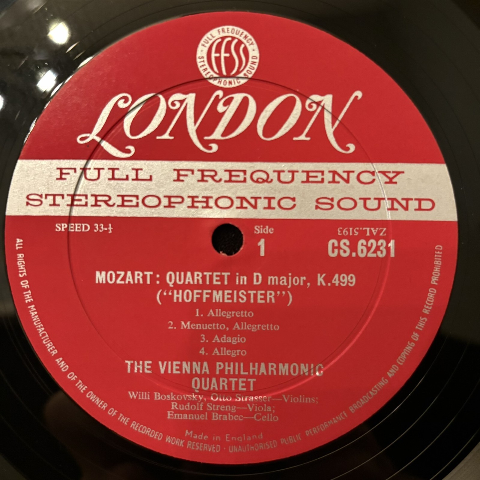 LONDON CS 6231 MOZART Quartets K. 499 & 589 VIENNA PHILHARMONIC QUT WB DG FFSS