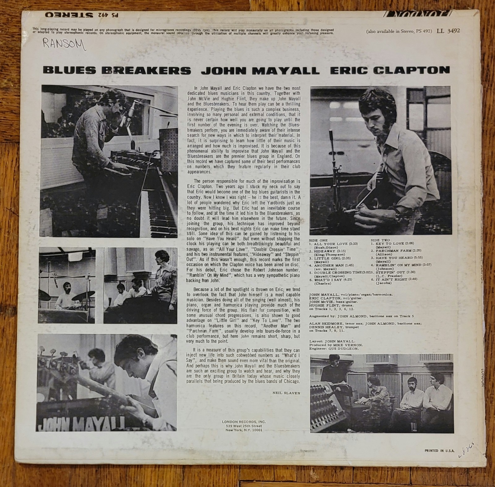John Mayall Blues Breakers Eric Clapton Vinyl LP 1966 US 1st London Mono LL3492
