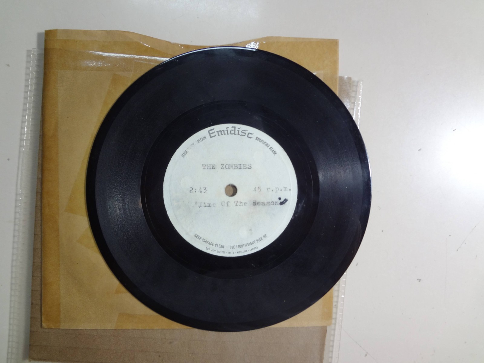 ZOMBIES: Time Of The Season 2:43 -U.K. 6 ½ 1968 Emidisc Acetate One Sided Mono