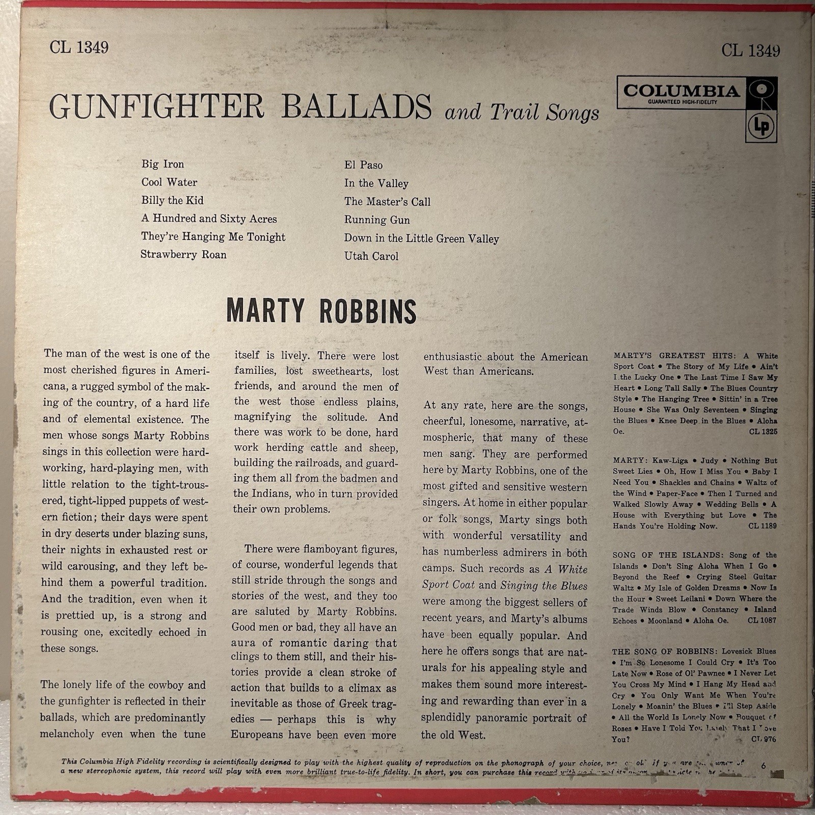 Marty Robbins Gunfighter Ballads & Trail Songs 1959 G 6-eye Mono Vinyl LP