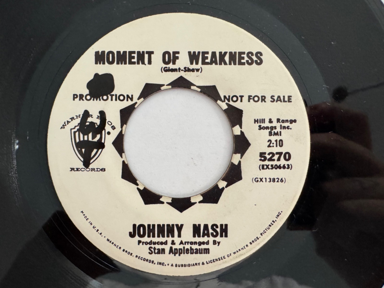 Northern Soul PROMO 45 – Johnny Nash “Moment of Weakness” Wanrer Bros NM HEAR