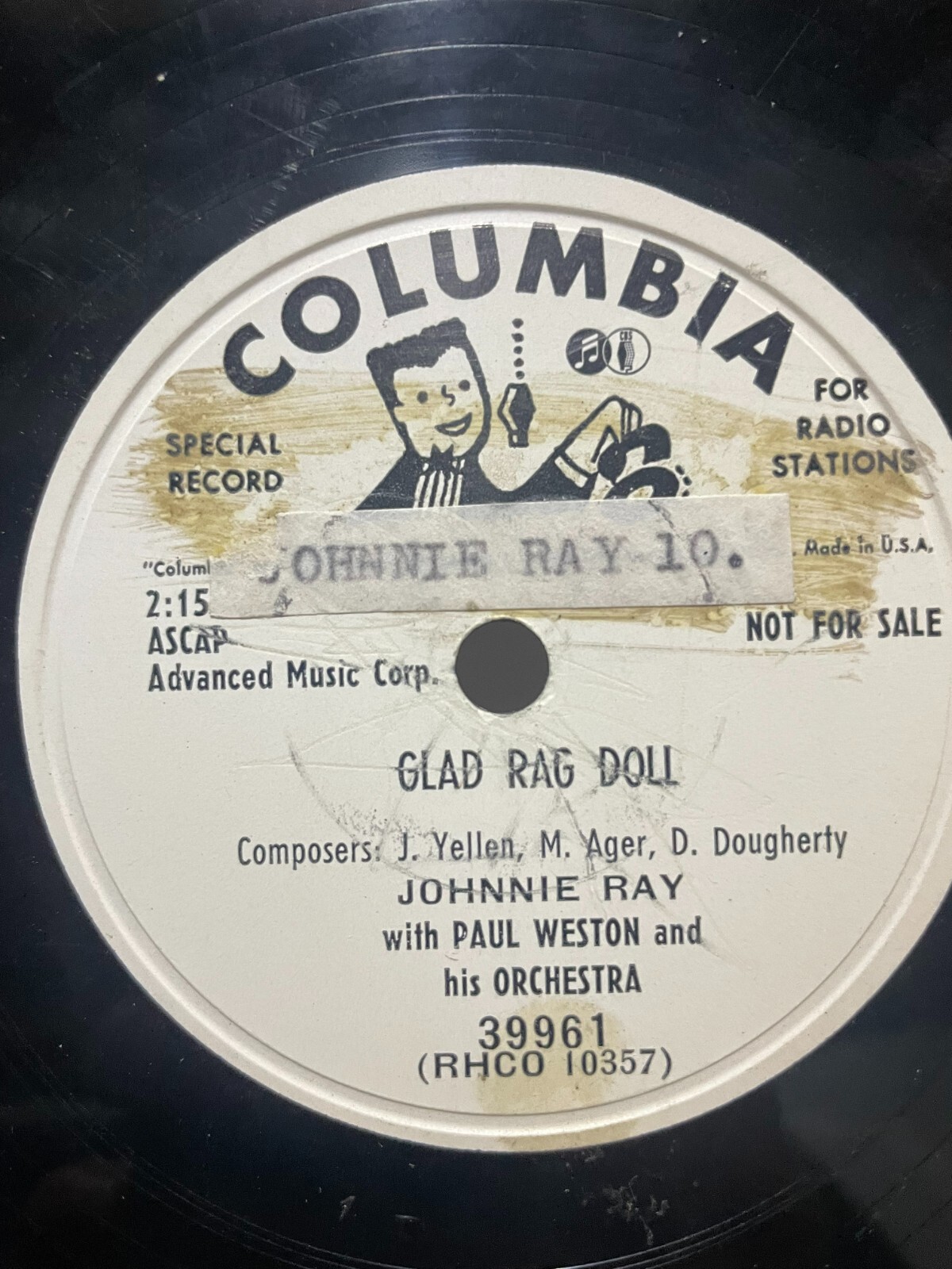Johnnie Ray Columbia 78 RPM White Label PROMO Glad Rag Doll / Stole My Gal