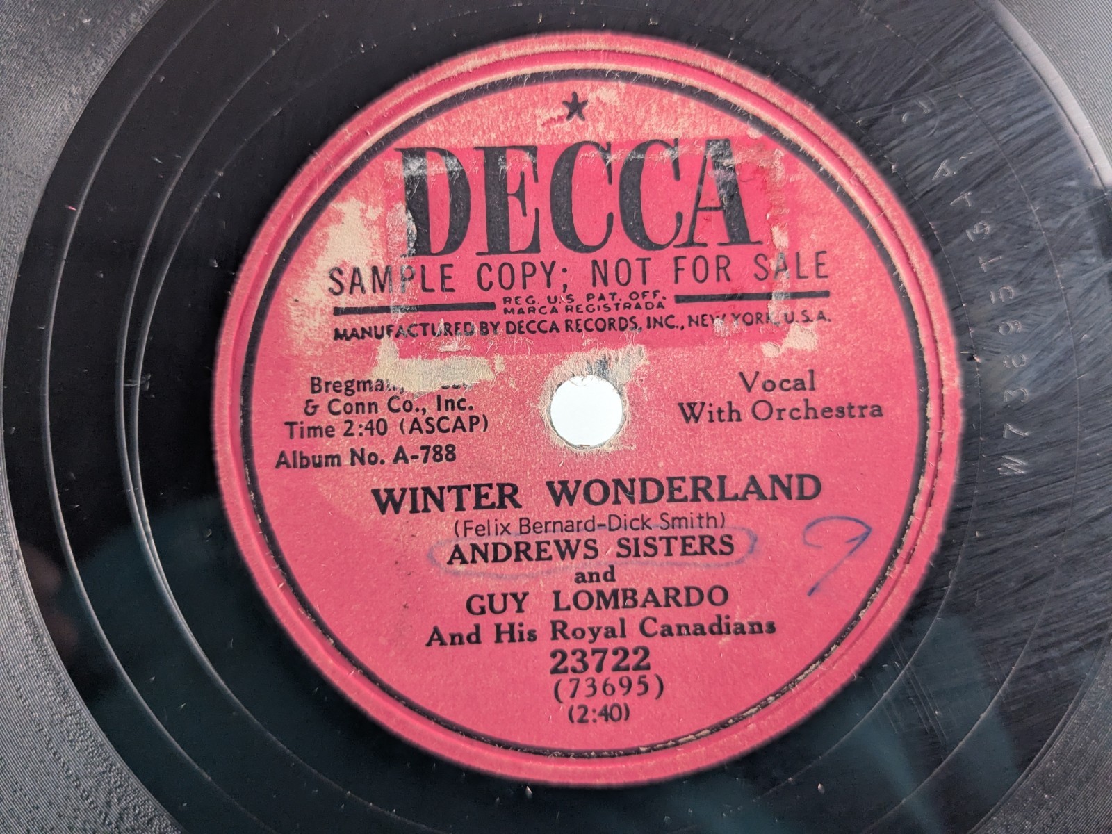 Andrew Sisters Guy Lombardo – 78 RPM Decca Promo – Winter Wonderland – R2