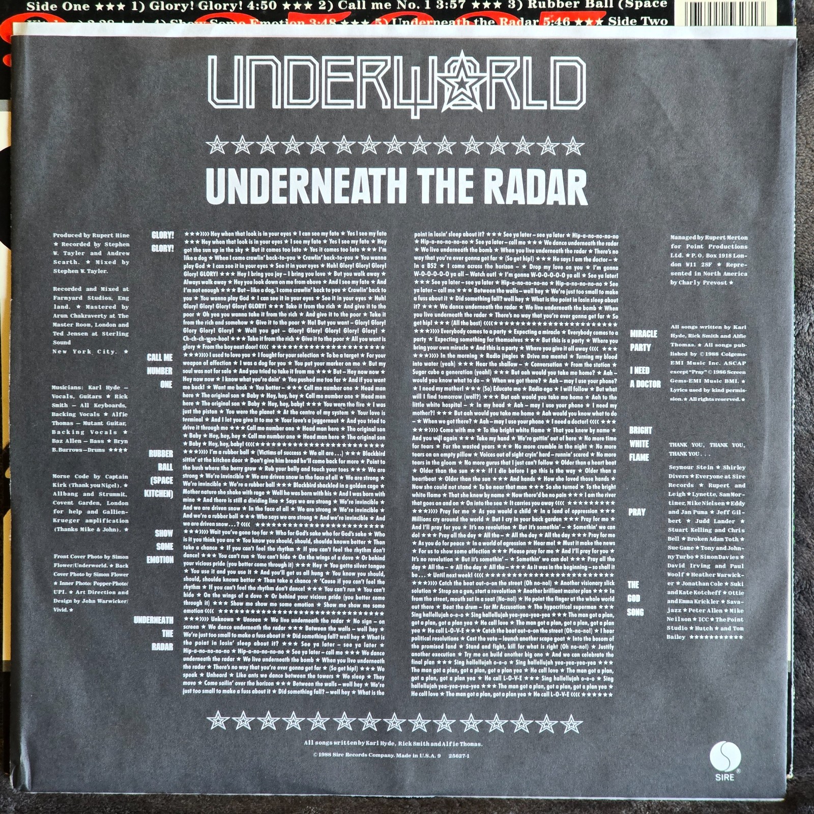 UNDERWORLD ~ UNDERNEATH THE RADAR ~ PROMO LP 1988 ~ NM/EX