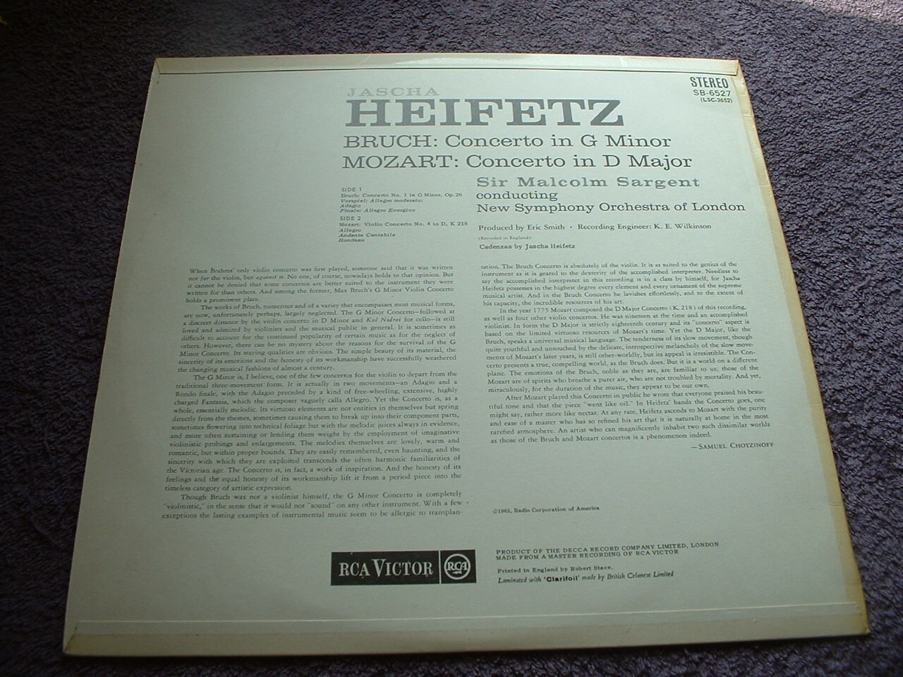 Heifetz Bruch Mozart Violin Concertos RCA Living Stereo UK LP SB6527 EX/VG+