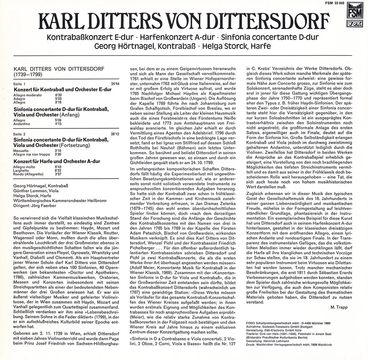 DITTERSDORF Double-Bass Concerto, Harp Concerto HORTNAGEL STORCK FAERBER FSM LP