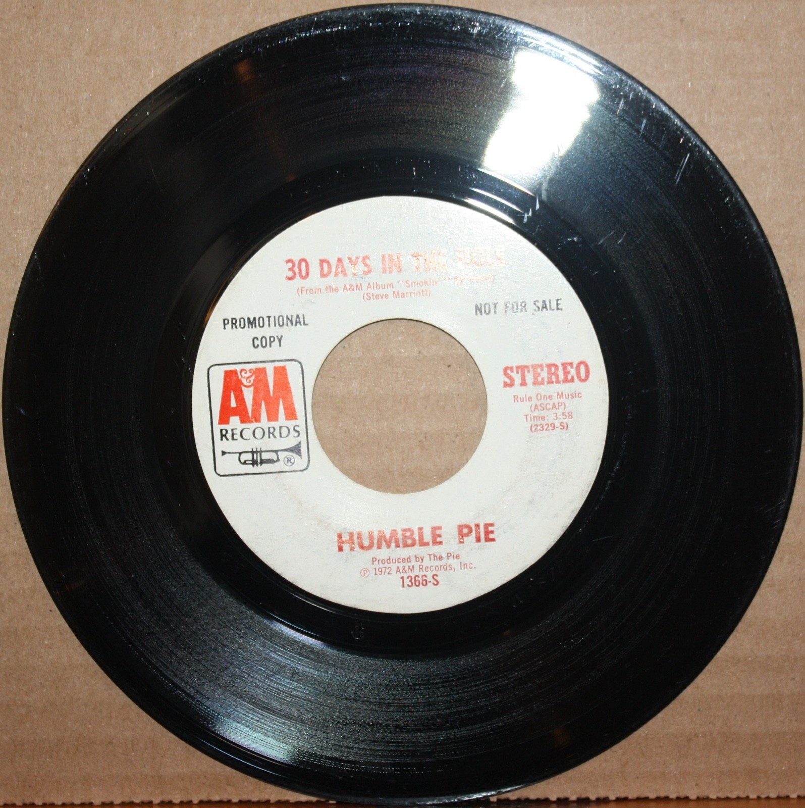 HUMBLE PIE **30 Days In The Hole** 1972 Pop Rock 45 on A&M 1366 VG+ Copy PROMO