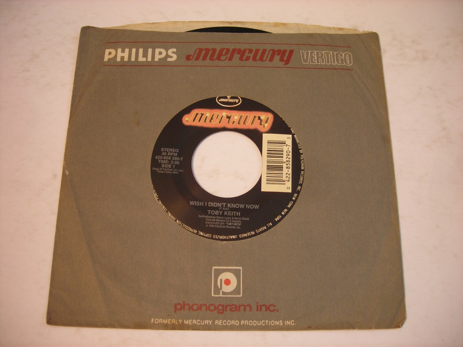 w SLEEVE Toby Keith Wish I Didn’t Know Now / Under the Fall 1993 45rpm VG++