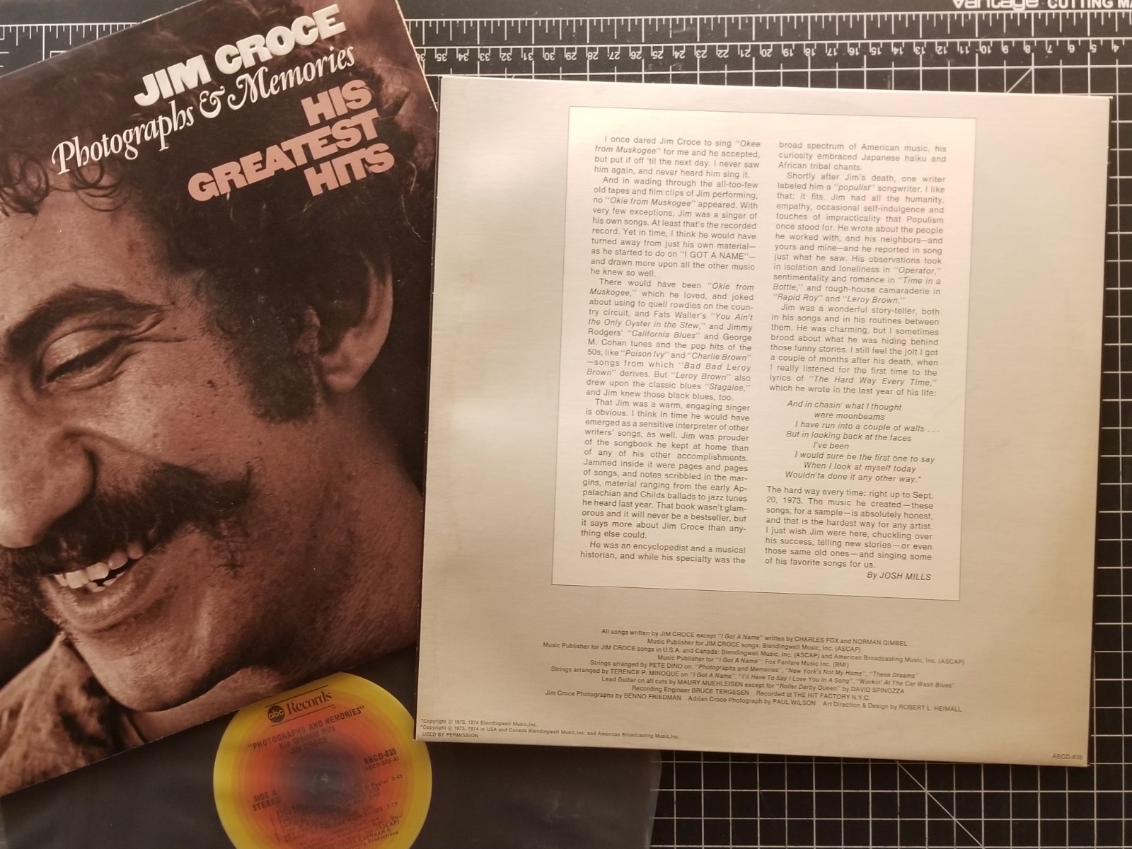 JIM CROCE Photographs & Memories LP 1974 VG+/VG+ w/ INNER Greatest Hits VINYL