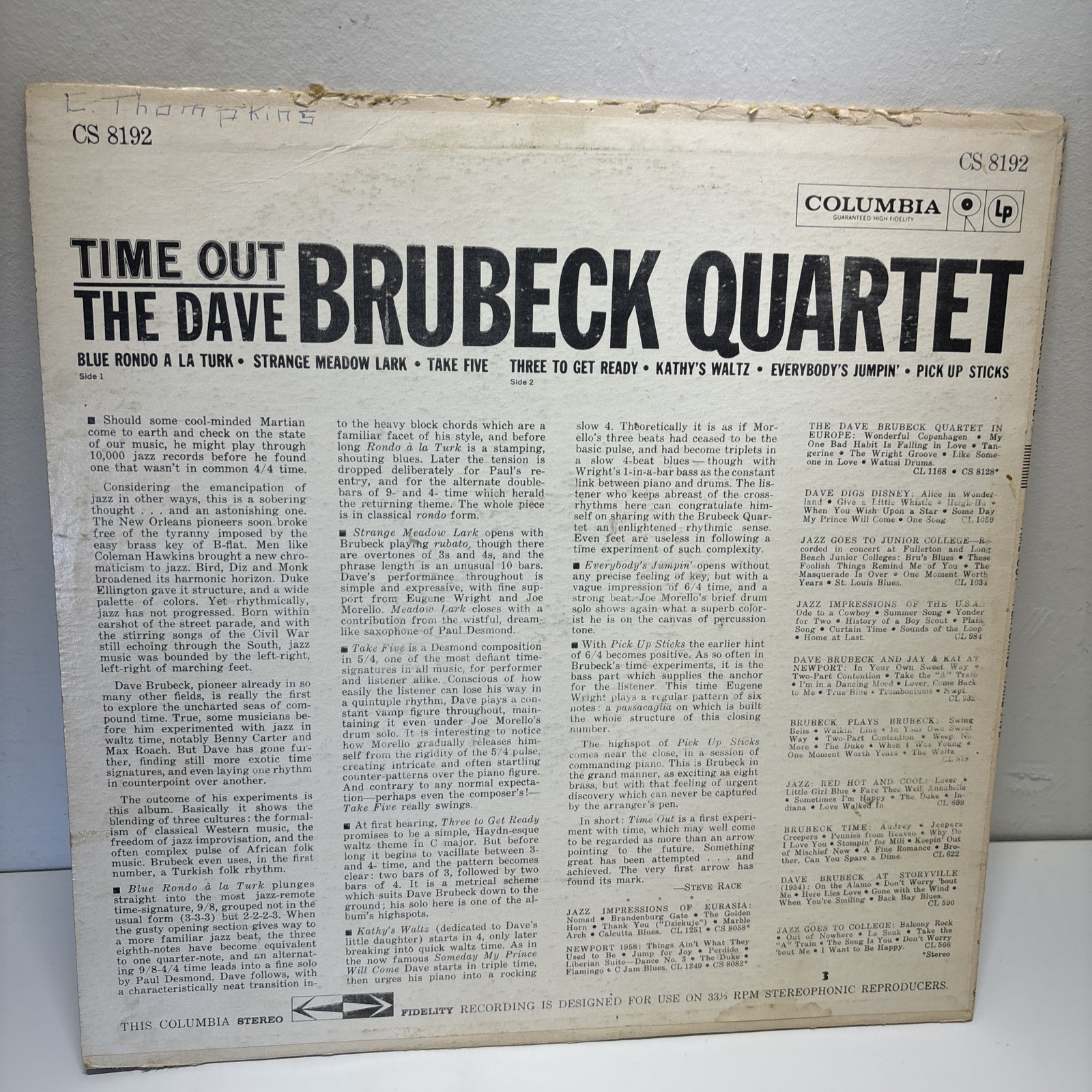The Dave Brubeck Quartet Time Out Vinyl LP 1961 Columbia CS 8192