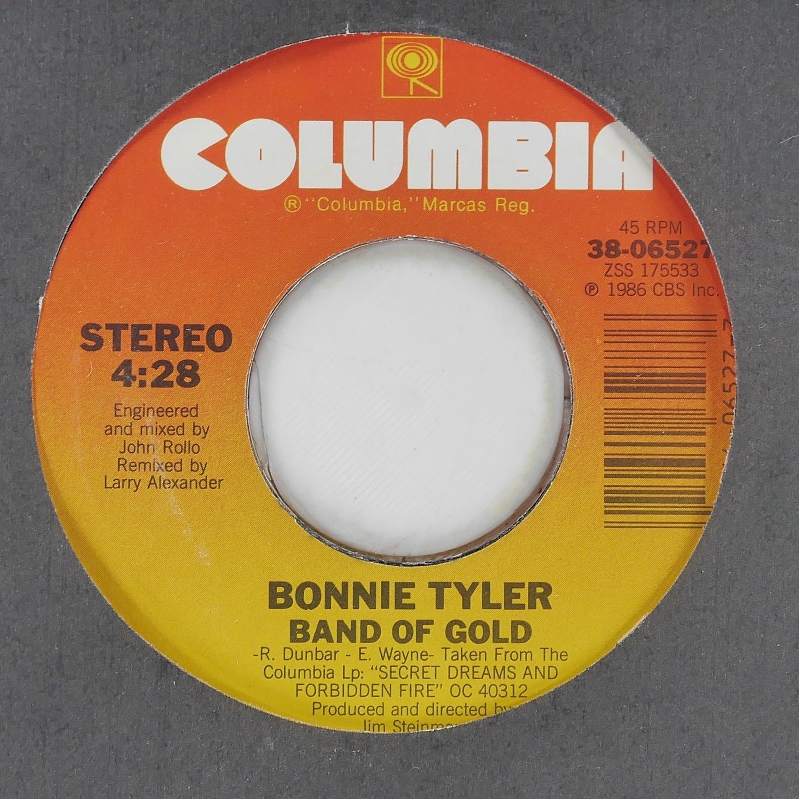 BONNIE TYLER Band Of Gold COLUMBIA 38-06527 EX 45 RPM 1986 Hi NRG 7″ Electronic