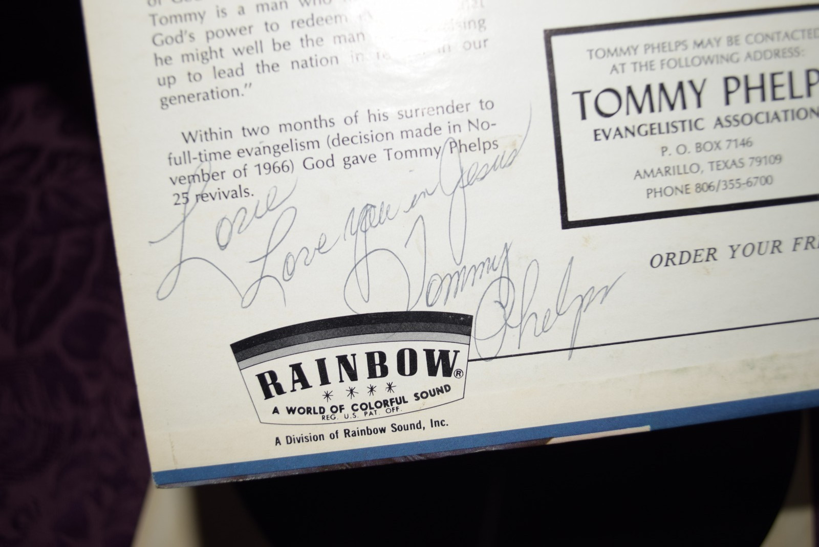 TOMMY PHELPS I Wrestled With God RAINBOW Xian Spoken Word SIGNED VG+/VG+