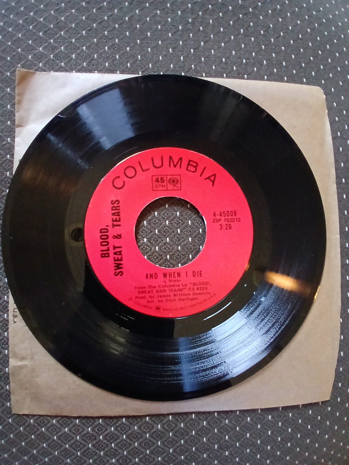 Blood, Sweat & Tears 45 Record Vinyl And When I Die / Sometimes In Winter – NM