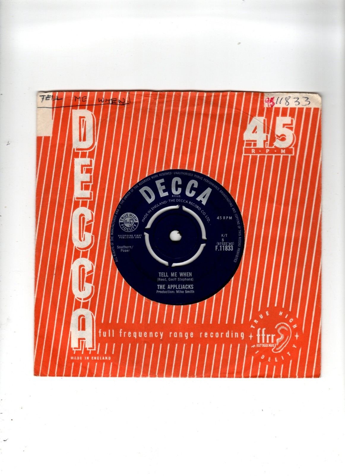 THE APPLEJACKS – TELL ME WHEN / BABY JANE. UK 1964 ORIG 7″ & CO/SLEEVE. EX+