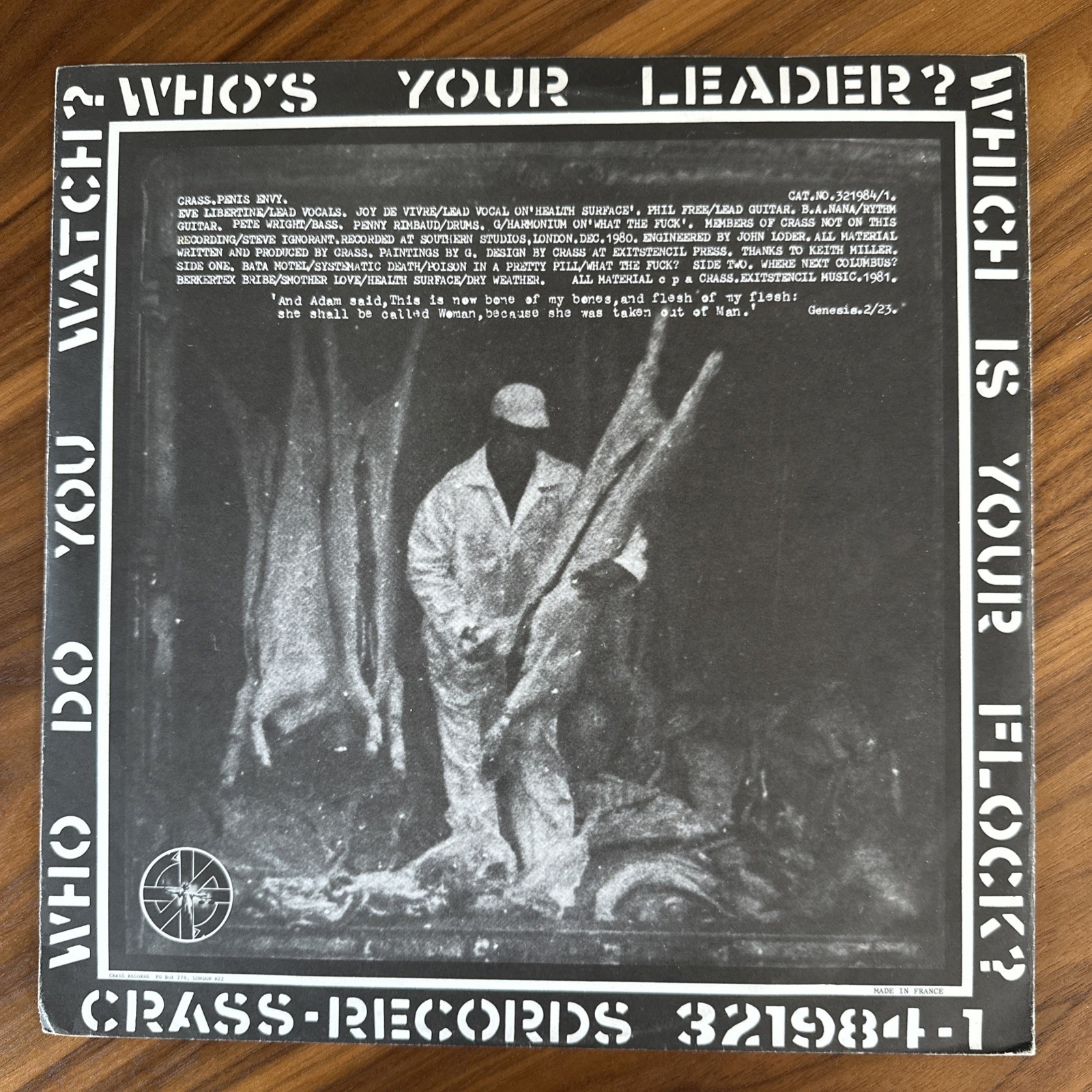 Crass, Penis Envy. Crass Records, 321984/1. RE. £3.00- made in France. EX