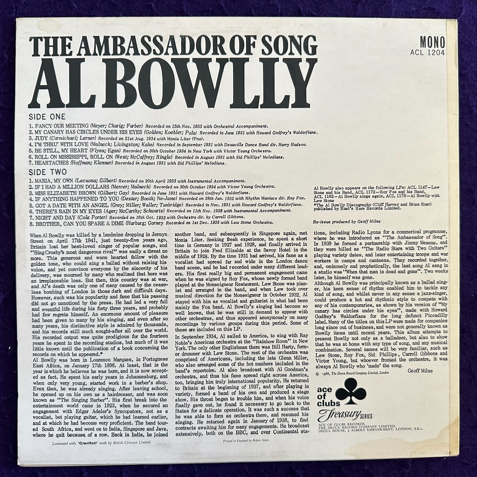 UK ~ AL BOWLLY The Ambassador of Song LP ’66 ACE OF CLUBS ACL Mono TESTED NM