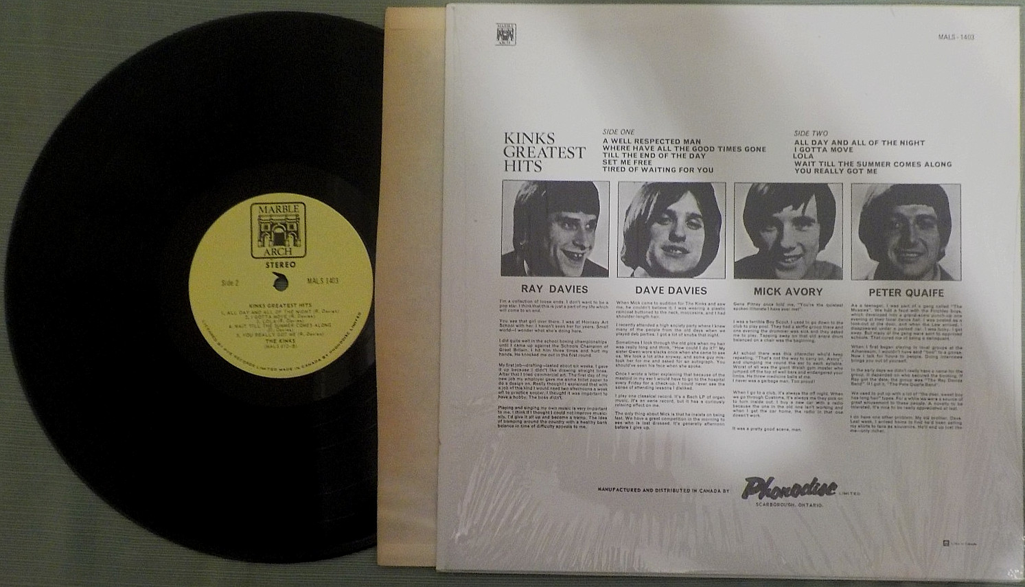 NM Kinks Greatest Hits, Marble Arch MALS-1403 Canada, Really Got Me, Lola +8 You