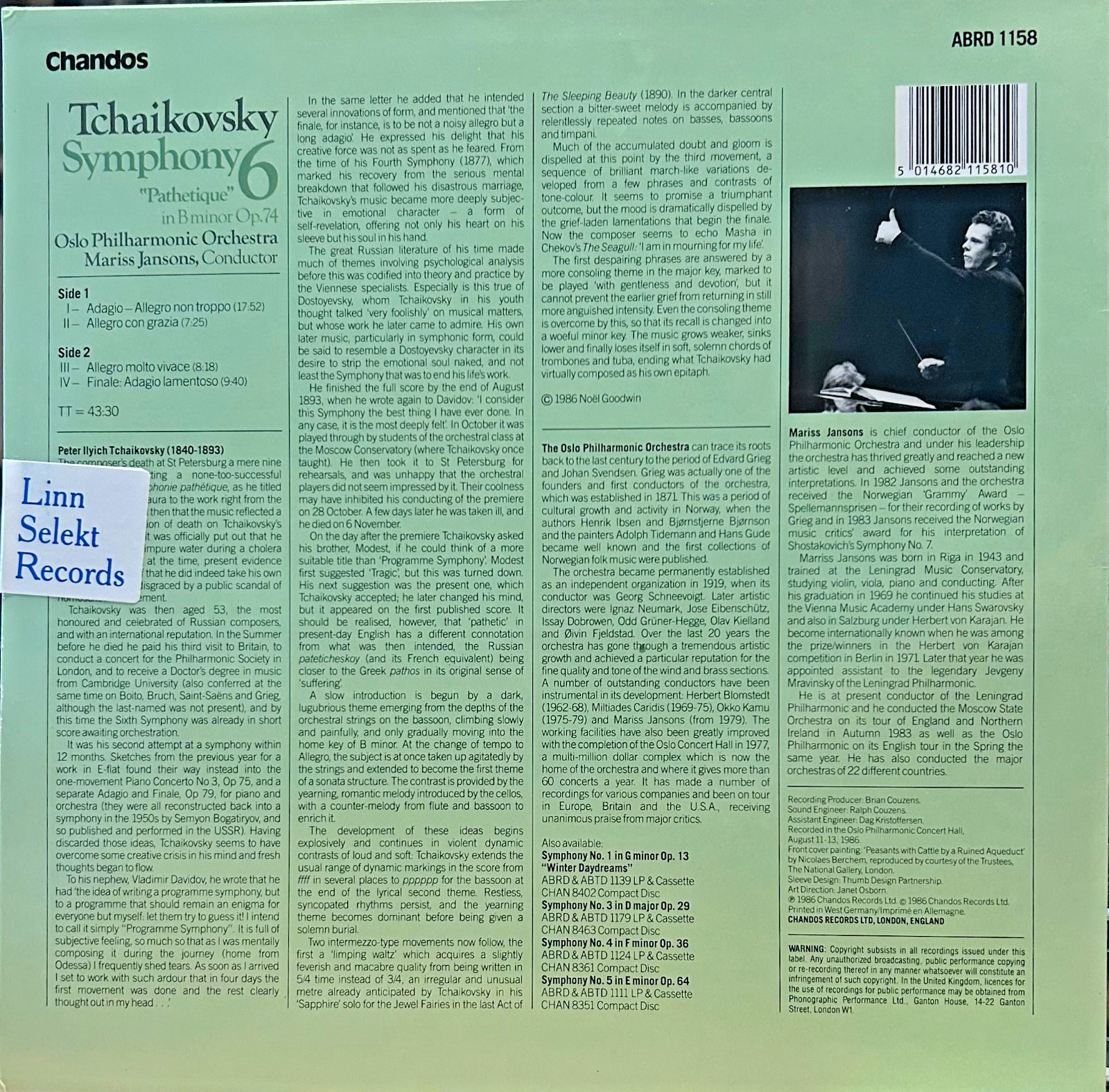 LINN LP ABRD-1158: Tchaikovsky Symphony No. 6 – Mariss Jansons, Oslo Phil – 1986