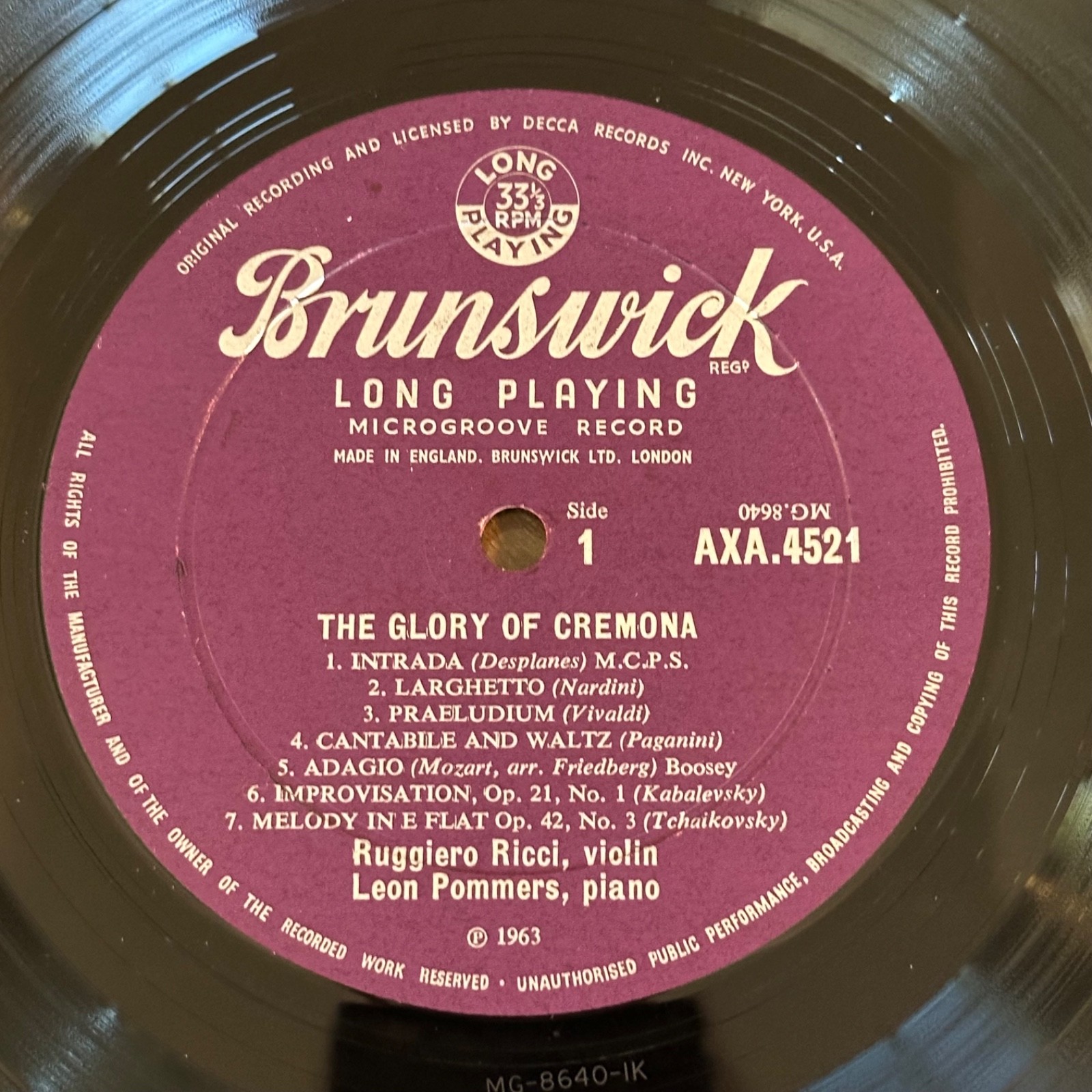 Ruggiero Ricci NM! ED1 DG UK Brunswick lp AXA 4521 Pommers Violin Piano