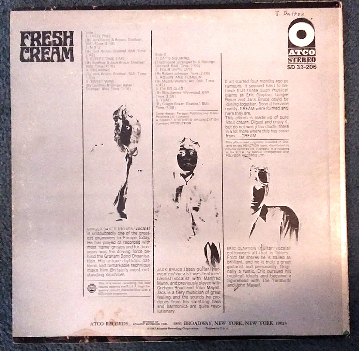 Cream – Fresh Cream Vinyl 1967 LP – ATCO Records – Rock, Psych, Blues