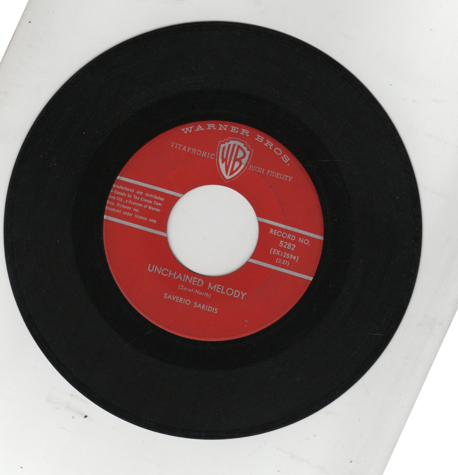 Saverio Saridis Unchained Melody 7″ RARE Canada Stock 45 WB #5282 Pop 1962 VG