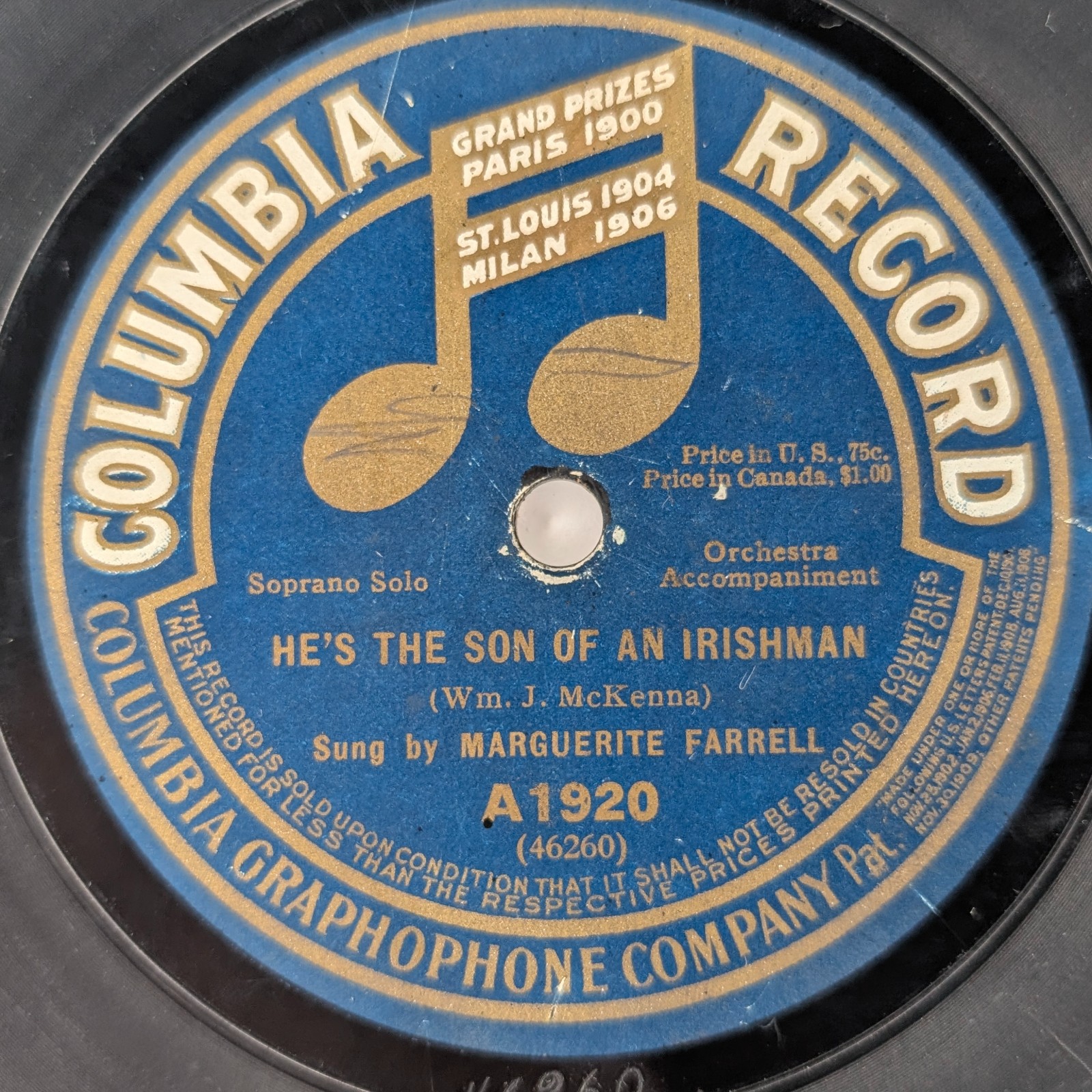 1910s Marguerite Farrell Columbia 78 RPM Son of Irishman / Rocky Road Irish Pop