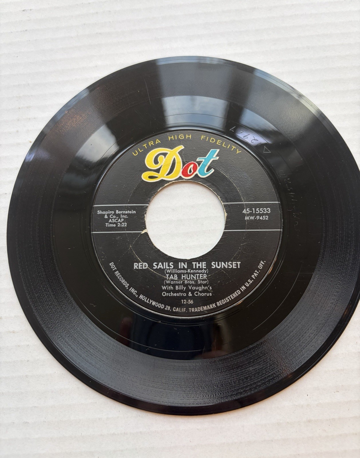 Tab Hunter Red Sails in the Sunset 45 RPM Dot 45-15533 Young Love 1957