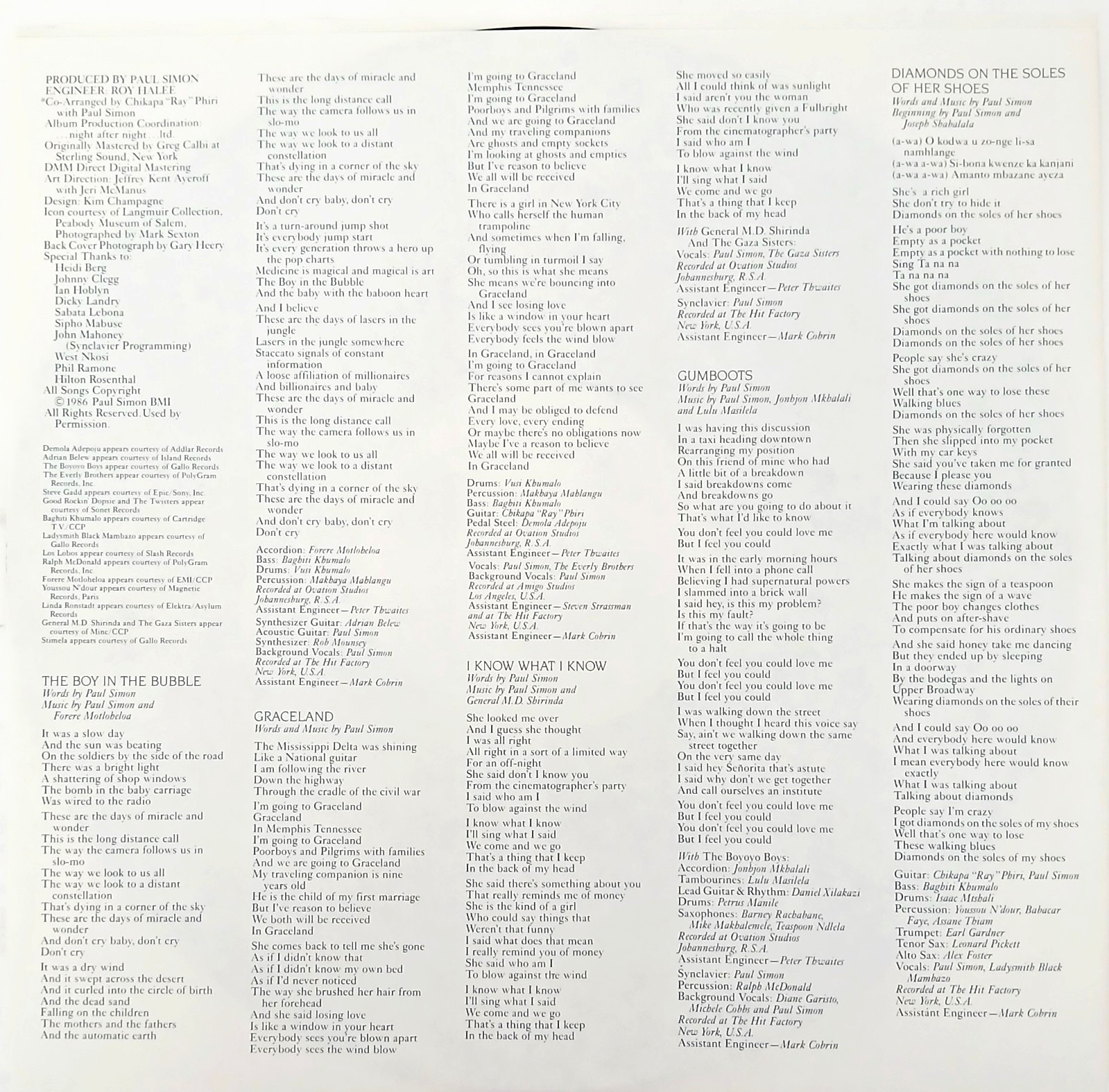 Paul Simon – Graceland – 1986 Vinyl LP (inner) – Soul / Pop / Folk Rock