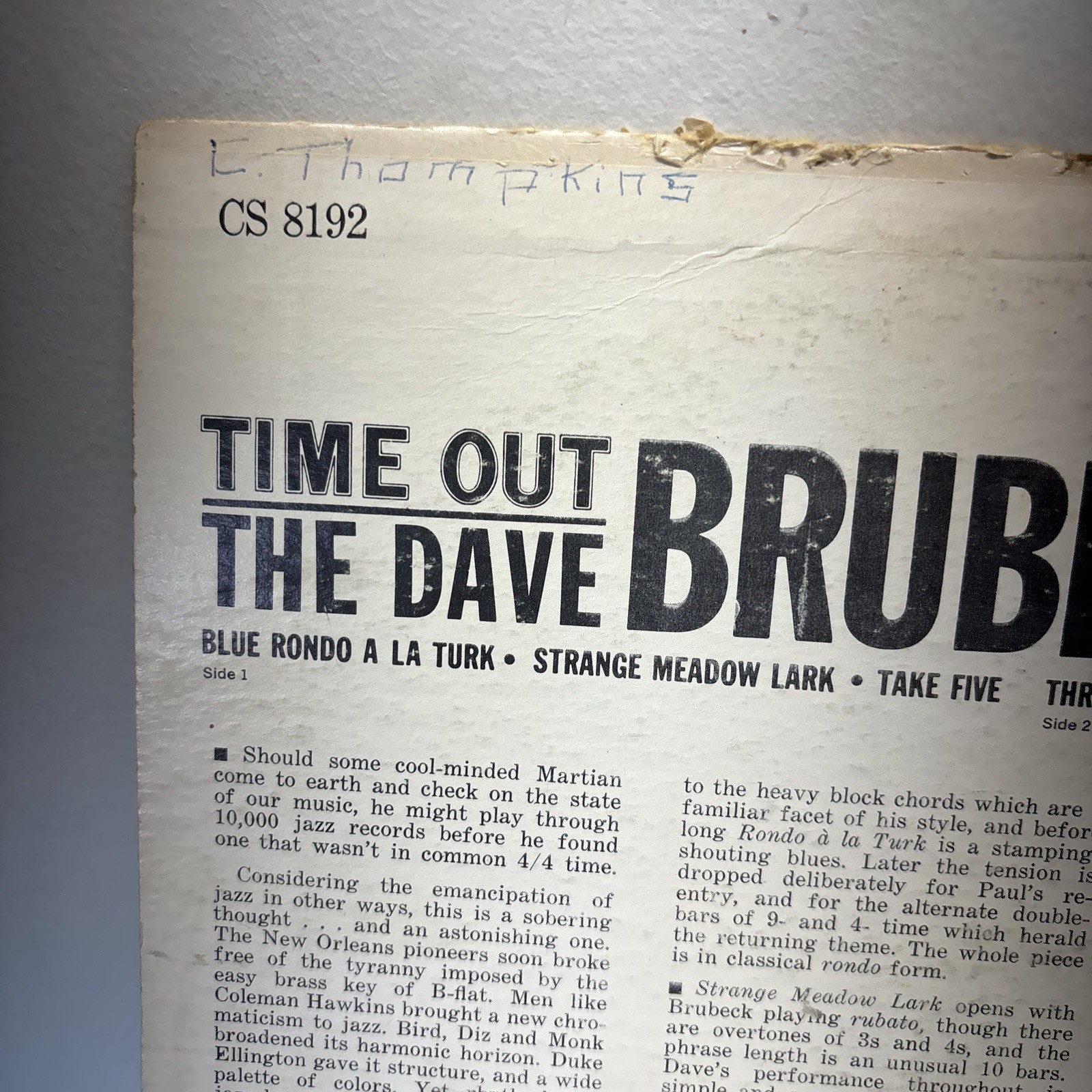 The Dave Brubeck Quartet Time Out Vinyl LP 1961 Columbia CS 8192
