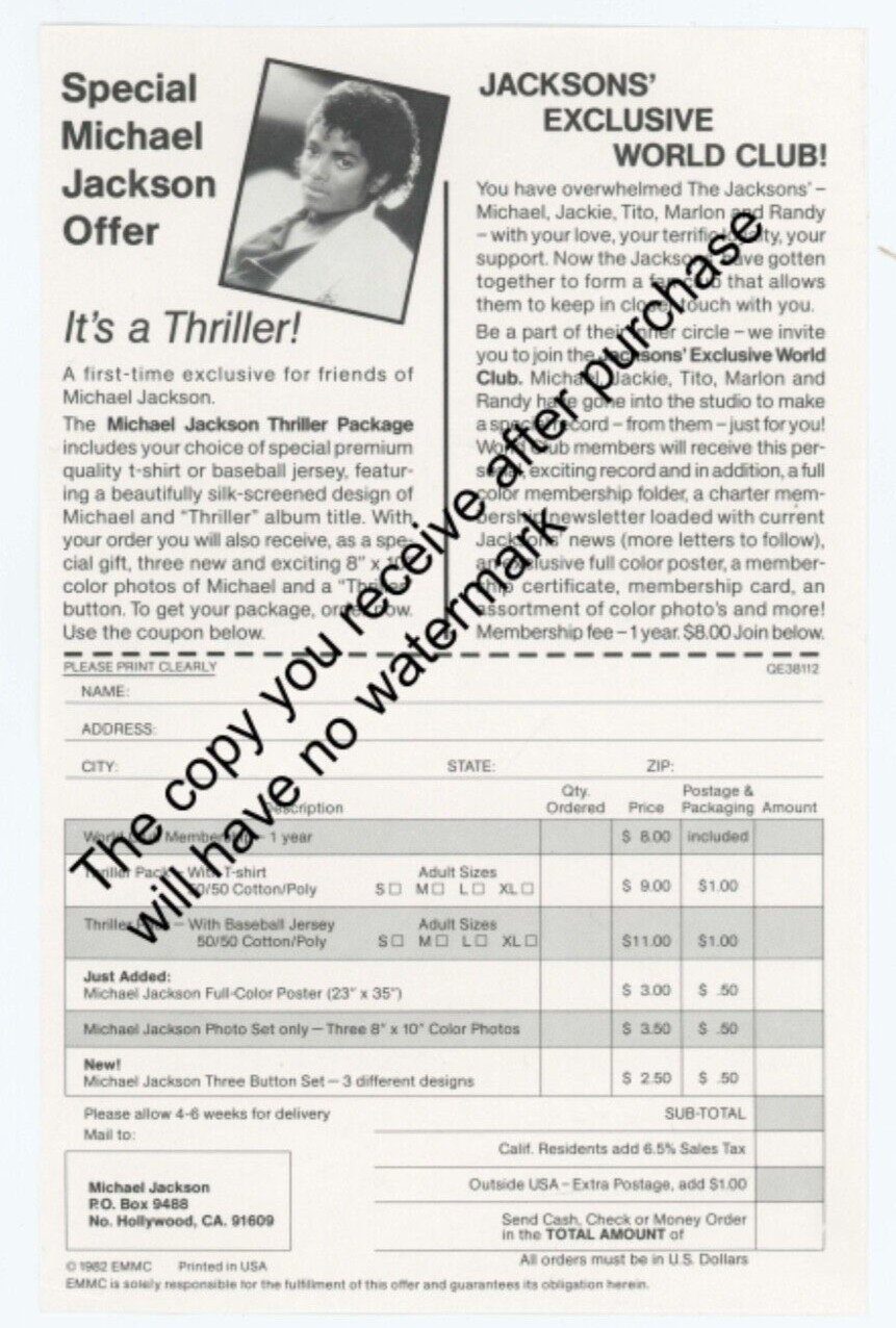 MICHAEL JACKSON – THRILLER INSERT / REPRO / MJ MERCH / JACKSON FAMILY WORLD CLUB