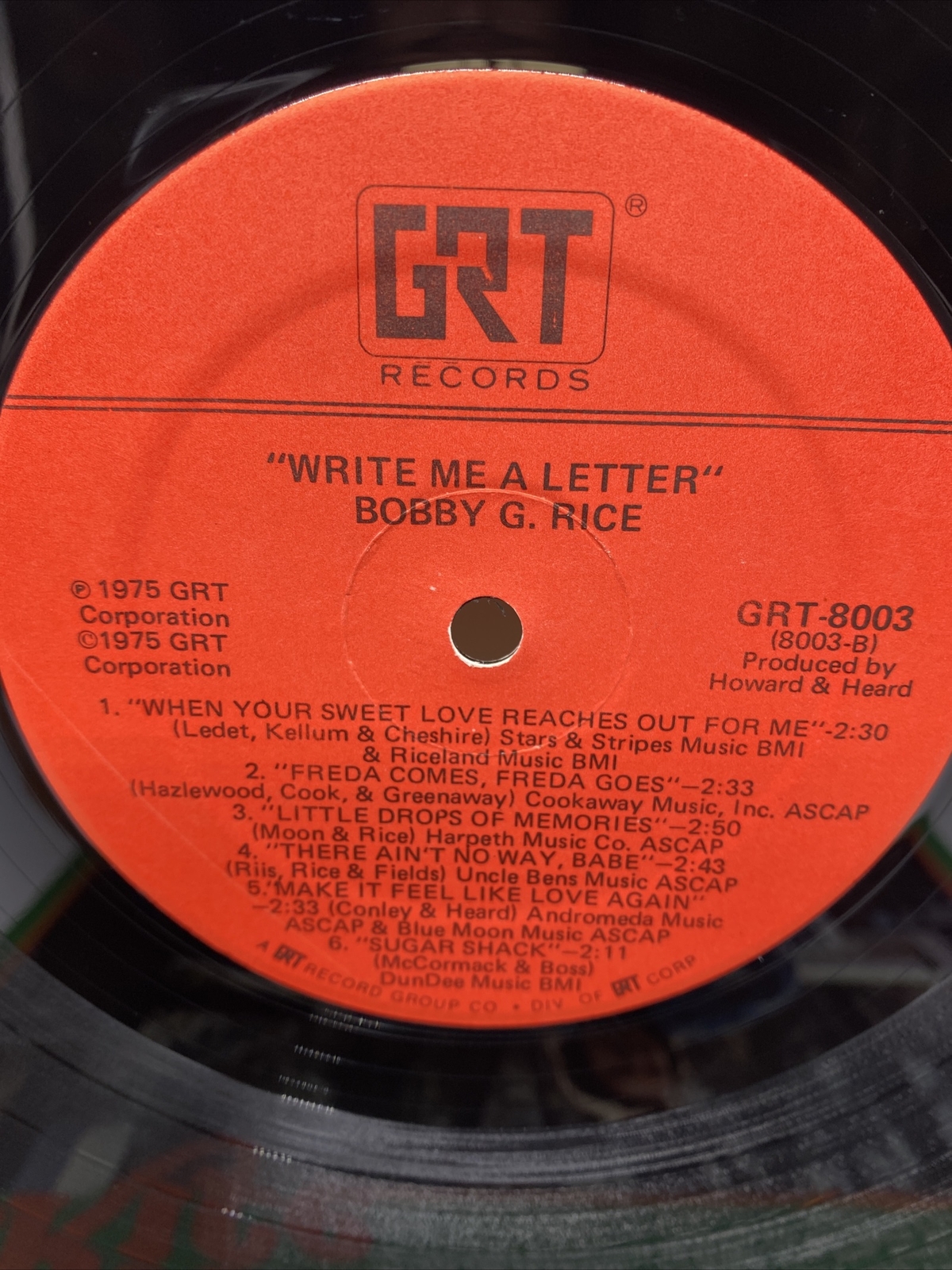 Bobby G Rice Write Me A Letter 1975 Vinyl LP GTR Records