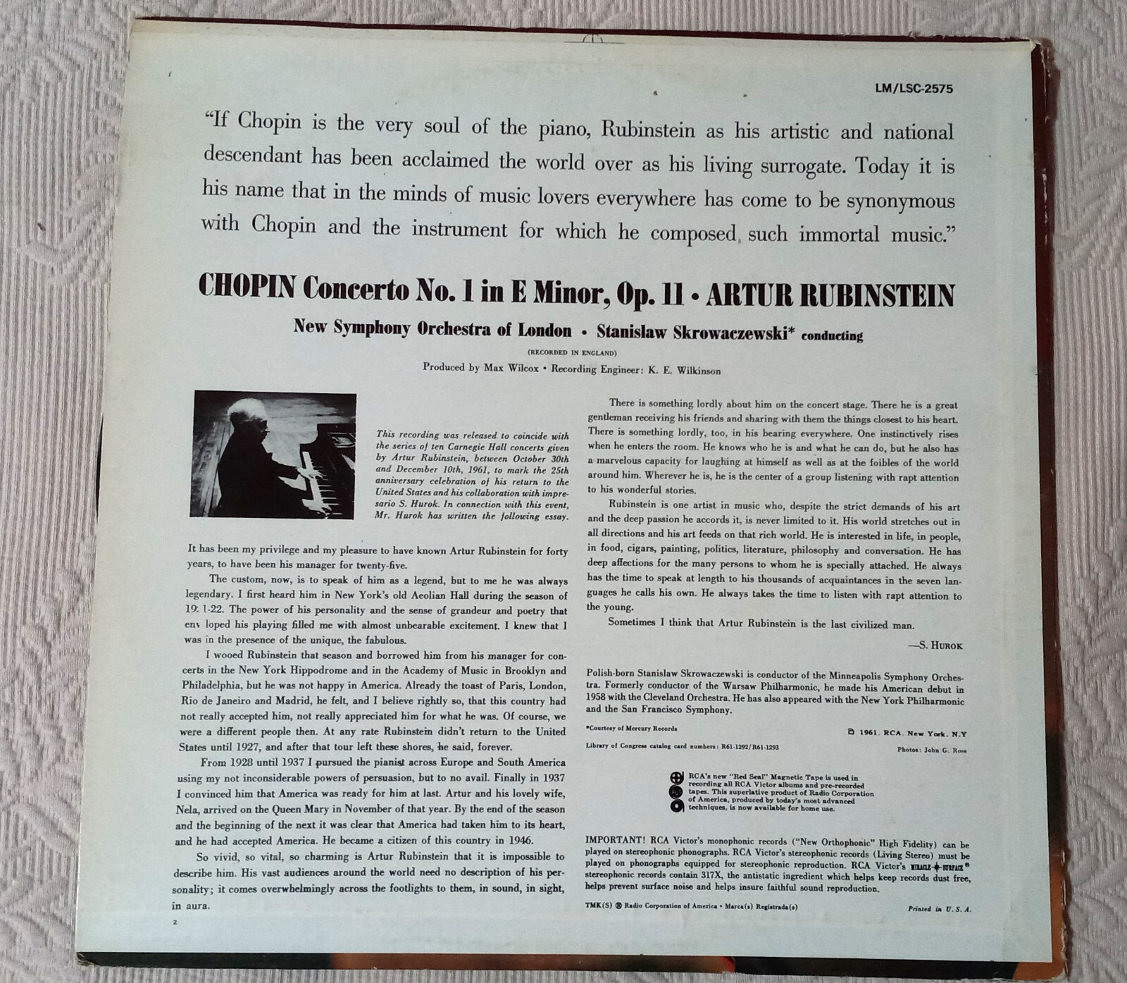 Arthur Rubinstein, Chopin Concerto No. 1 1961 RCA Victor LSC-2575 VG++