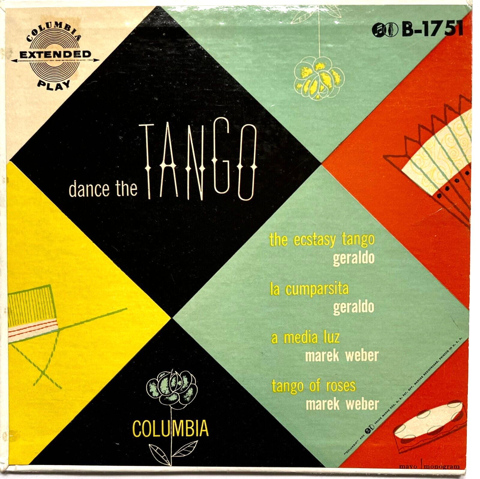 “DANCE THE TANGO” ASSORTED ARTISTS COLUMBIA RECORDS VINYL 7″ EXTENDED PLAY 45rpm