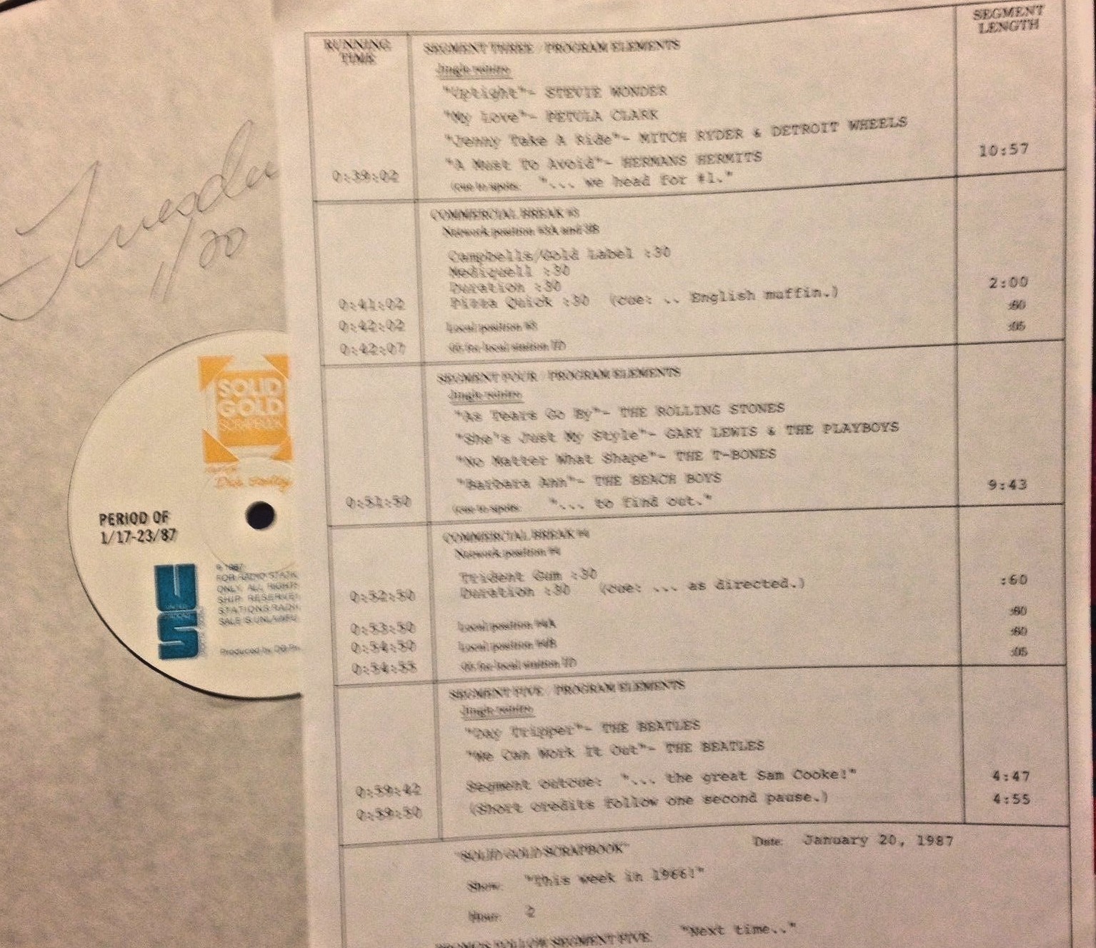 1/20/87 SOLID GOLD SCRAPBOOK PLAYS 18 SUPER HITS FROM THIS WEEK IN 1966