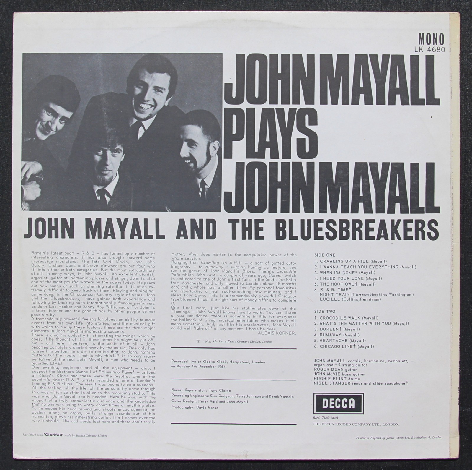 John Mayall- John Mayall Plays John Mayall- Decca LK 4680- Mono-Orig Unboxed Lbl