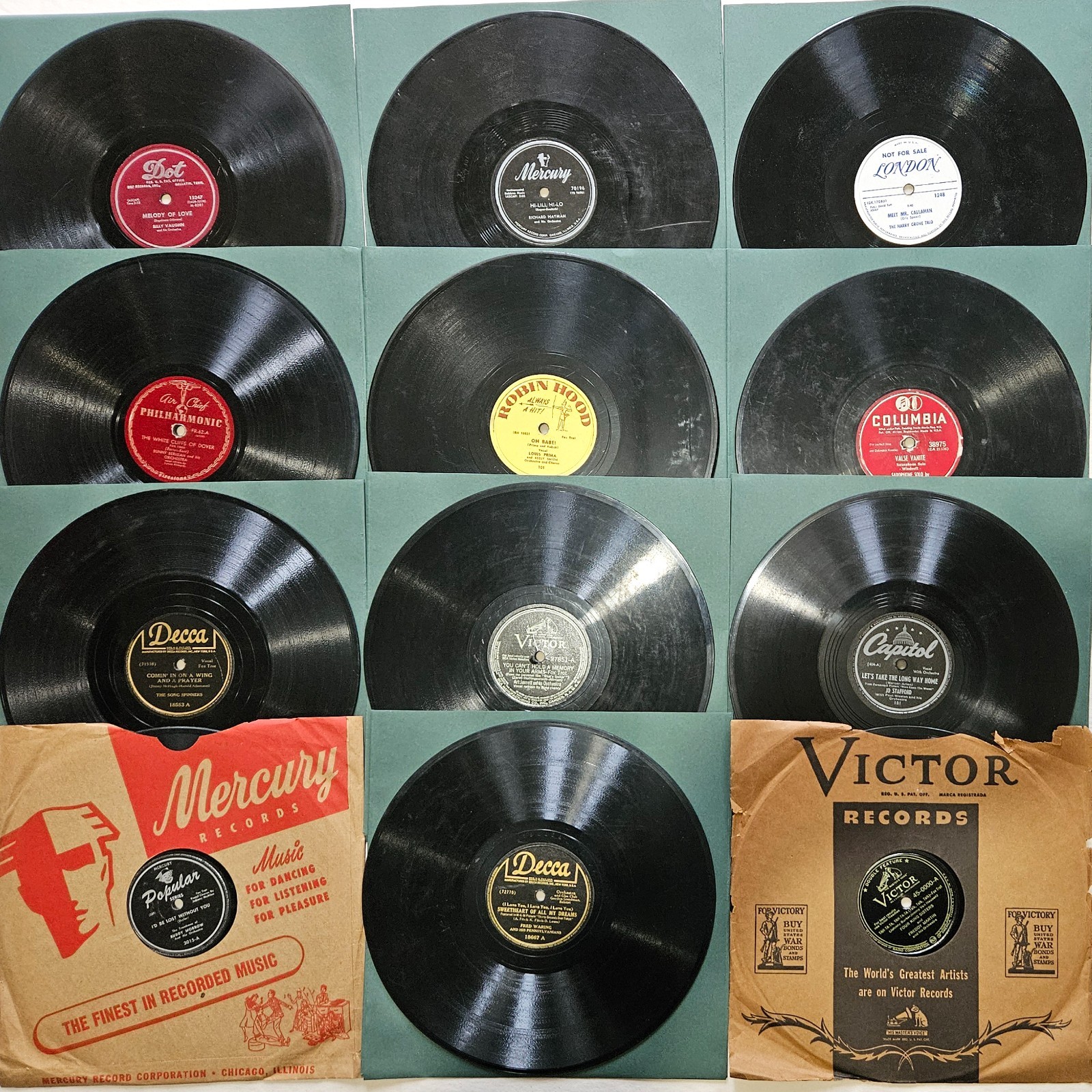 Twelve 78 RPM 10″ Records Lot #ANK: 1940s 50s Vocal Crooner Pop EZ Jazz Swing