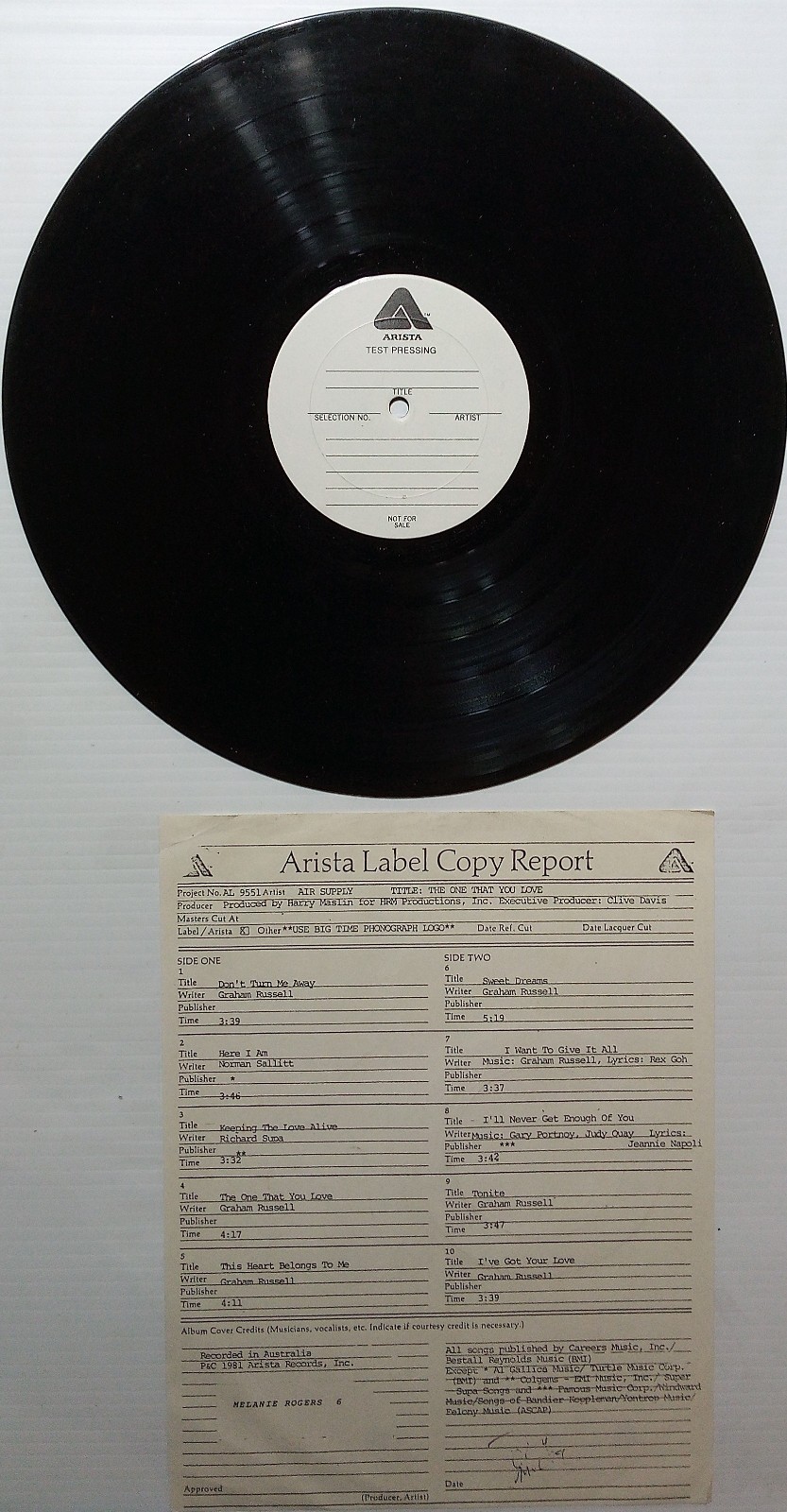Air Supply – The One That You Love 12″ LP Test Pressing with Copy Report Paper