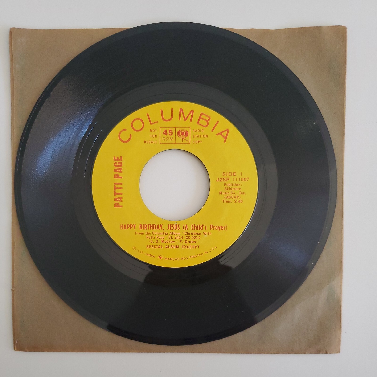 PROMO Patti Page Happy Birthday Jesus/Christmas Bells 7″ 45 RPM COLUMBIA 111908