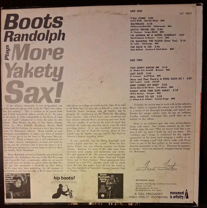 Boots Randolph PlayStation More Yakety Sax Vinyl LP Monument Records SLP 18037